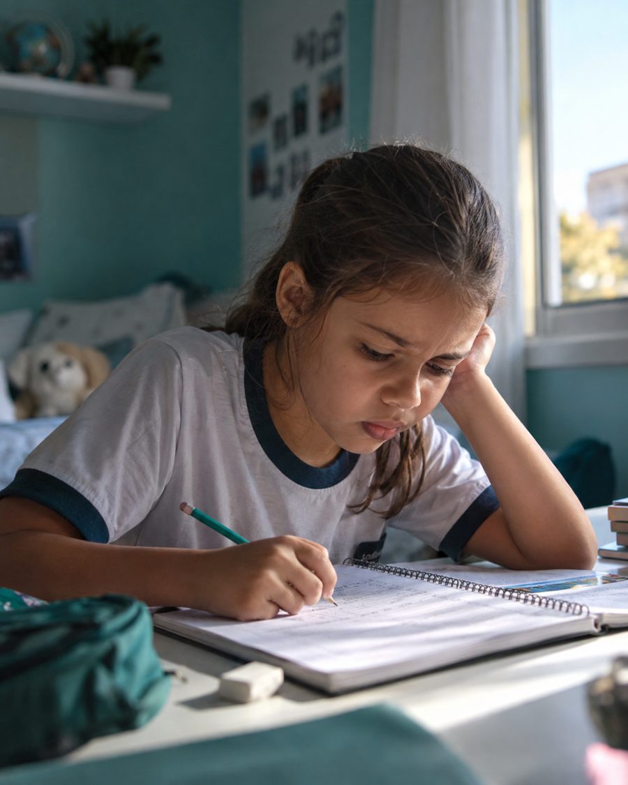 Menina apoiando o rosto na mão, com o olhar muito próximo do caderno na mesa de estudo